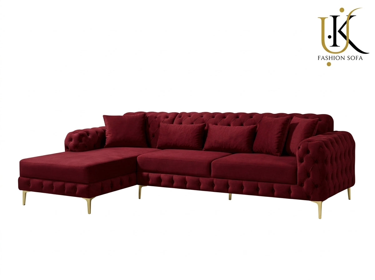Luxury Chesterfield Corner Sofa – Velvet Upholstery with Gold Legs