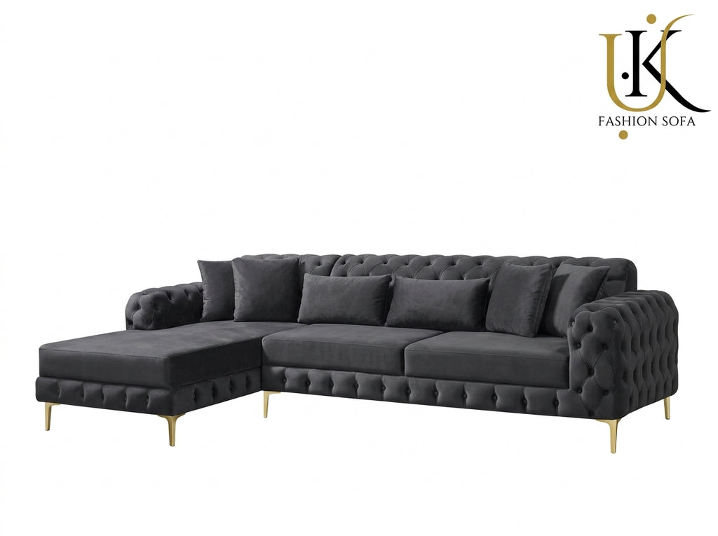 Luxury Chesterfield Corner Sofa – Velvet Upholstery with Gold Legs