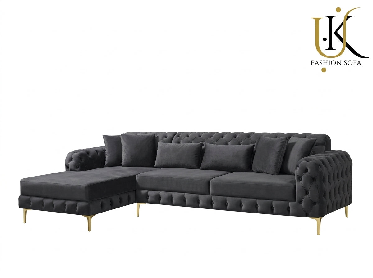 Luxury Chesterfield Corner Sofa – Velvet Upholstery with Gold Legs