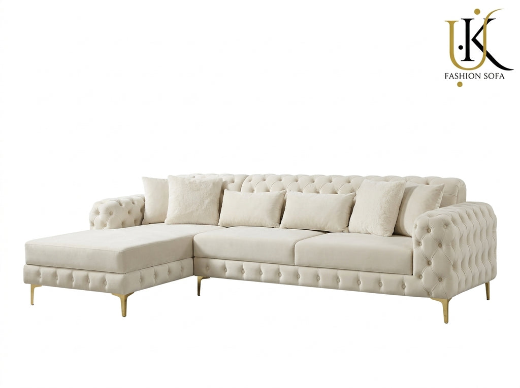 Luxury Chesterfield Corner Sofa – Velvet Upholstery with Gold Legs