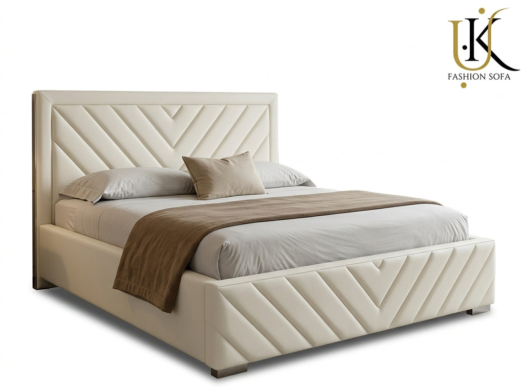 Victoria V-lined modern upholstered bed in velvet