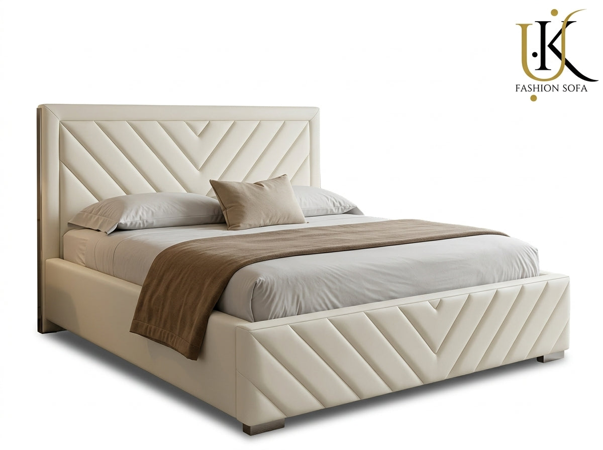 Victoria V-lined modern upholstered bed in velvet