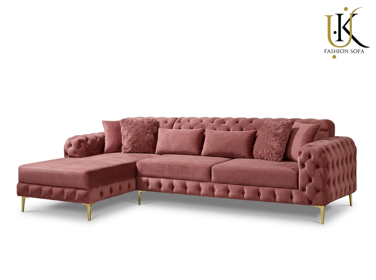 Luxury Chesterfield Corner Sofa – Velvet Upholstery with Gold Legs