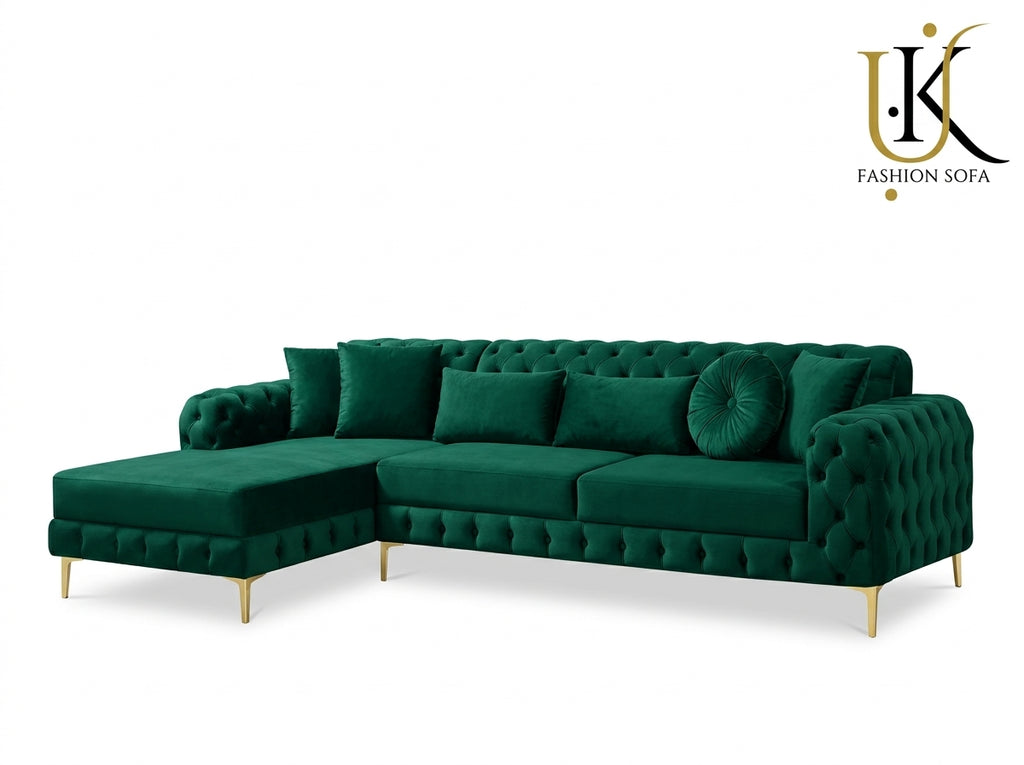 Luxury Chesterfield Corner Sofa – Velvet Upholstery with Gold Legs
