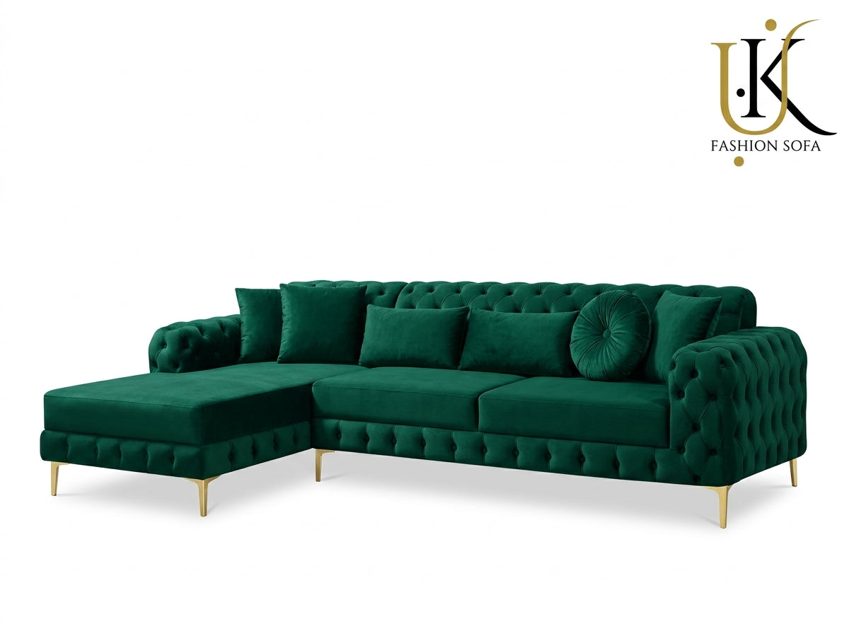 Luxury Chesterfield Corner Sofa – Velvet Upholstery with Gold Legs