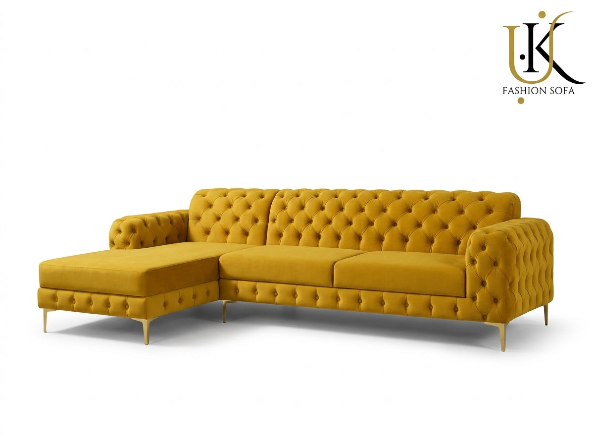 Luxury Chesterfield Corner Sofa – Velvet Upholstery with Gold Legs