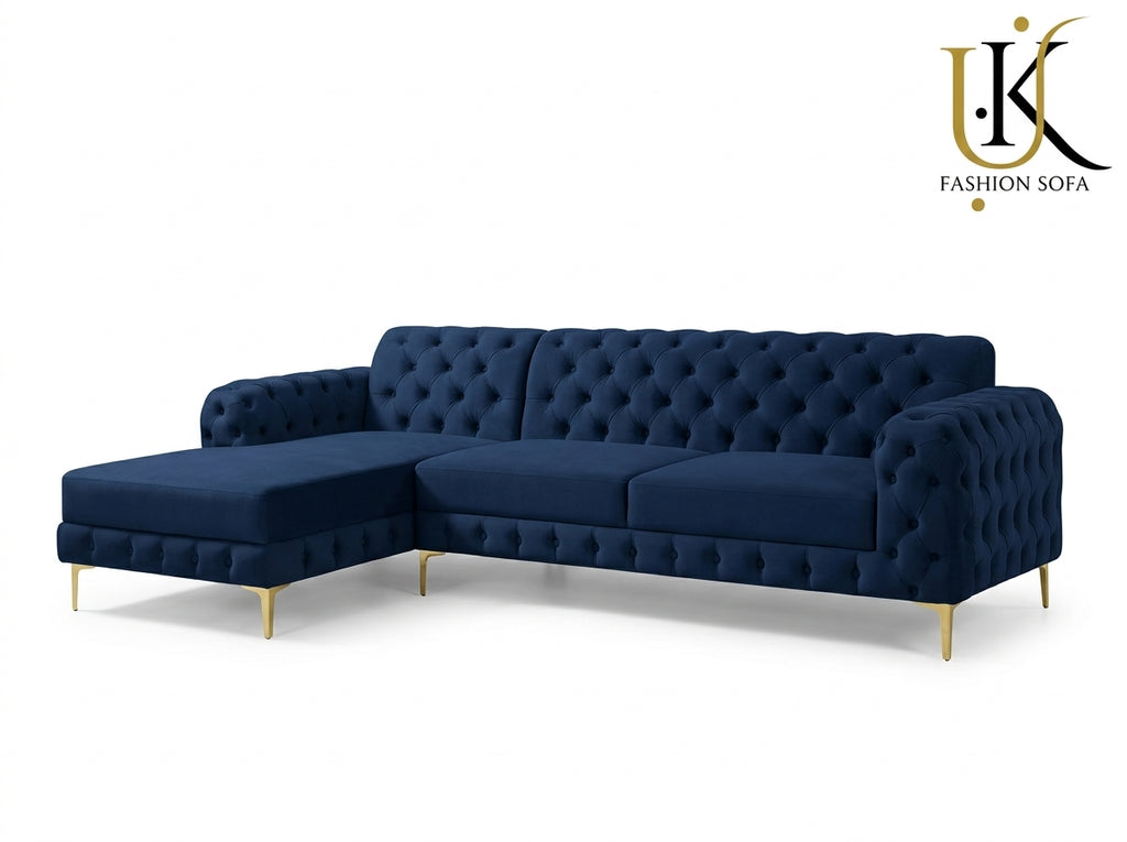 Luxury Chesterfield Corner Sofa – Velvet Upholstery with Gold Legs