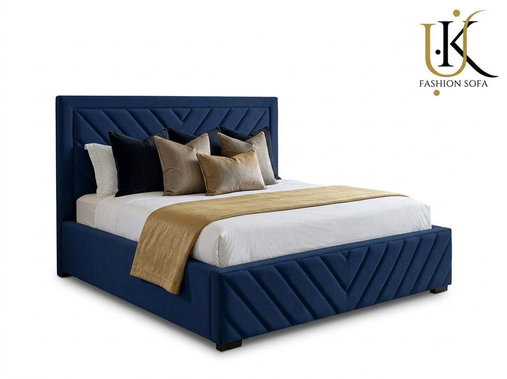 Victoria V-lined modern upholstered bed in velvet