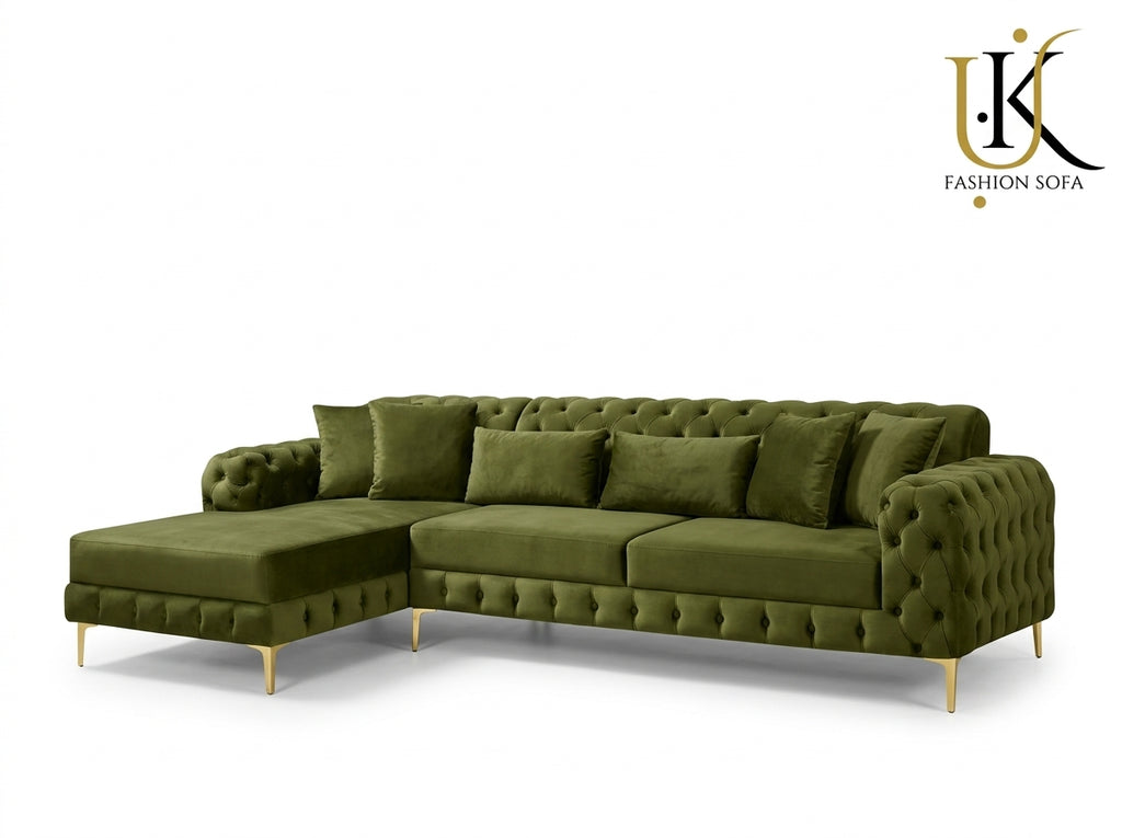 Luxury Chesterfield Corner Sofa – Velvet Upholstery with Gold Legs