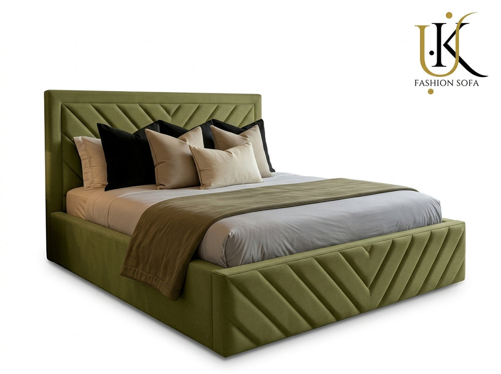 Victoria V-lined modern upholstered bed in velvet
