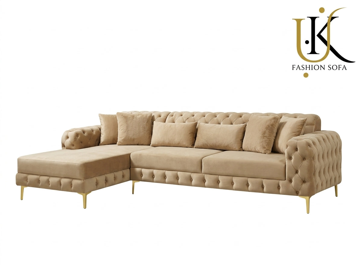 Luxury Chesterfield Corner Sofa – Velvet Upholstery with Gold Legs