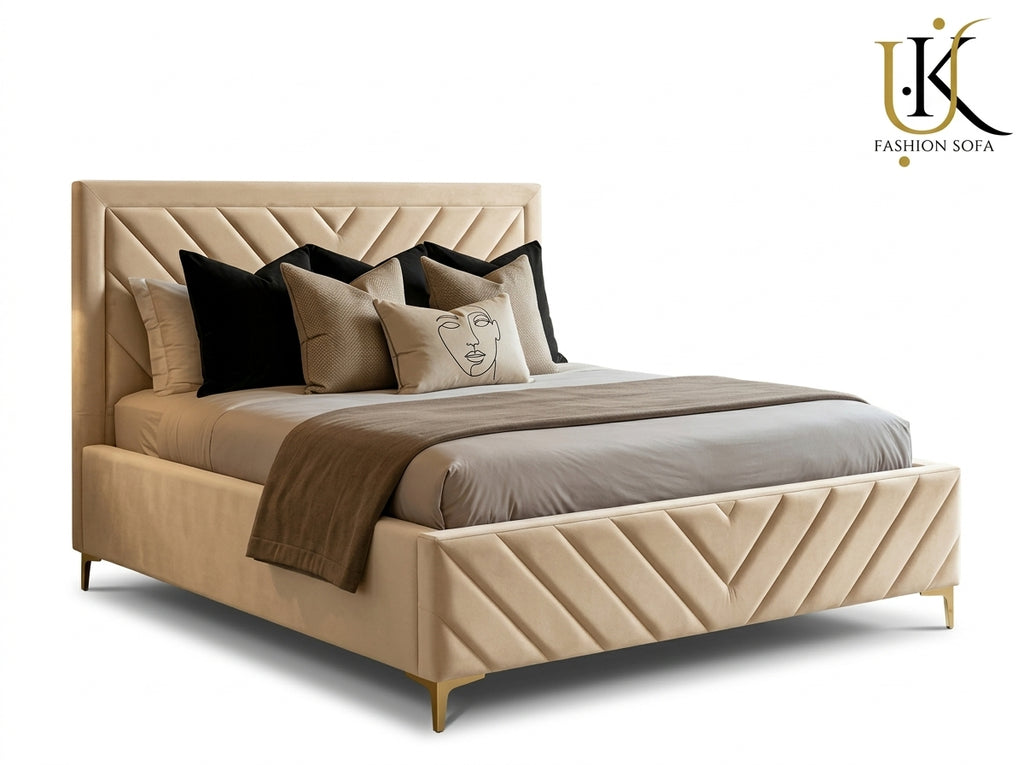 Victoria V-lined modern upholstered bed in velvet