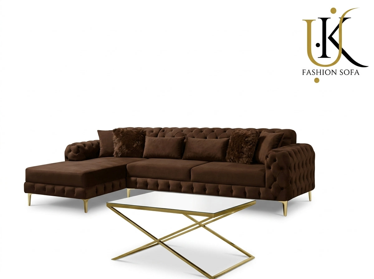 Luxury Chesterfield Corner Sofa – Velvet Upholstery with Gold Legs