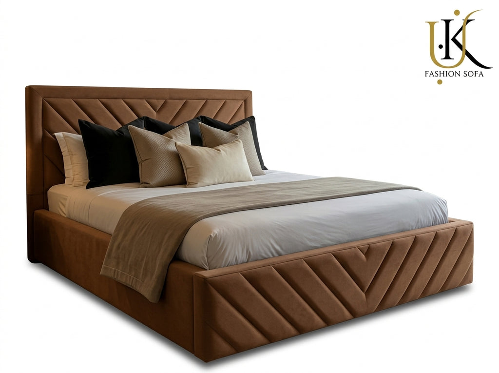 Victoria V-lined modern upholstered bed in velvet